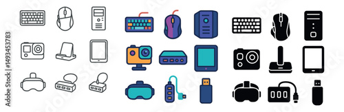 Computer and gadget icon collection: silhouette, linear, and flat tech symbols set