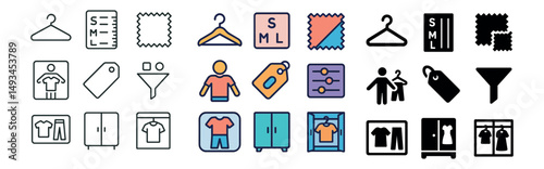 Fashion and wardrobe icon collection: silhouette, linear, and flat styles for clothing
