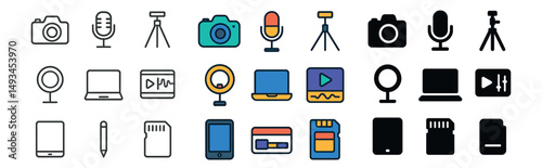 Technology and gadget linear, flat and silhouette icon collection. electronic device set