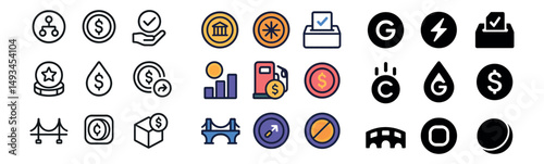 Business and finance icon collection: silhouette, linear, flat styles. money and banking set