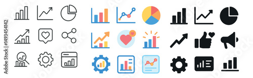 Business and analytics icon collection in silhouette, linear, and flat styles. data and chart symbols