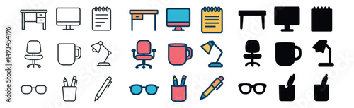 Office essentials icon collection: linear, silhouette and flat designs workplace needs