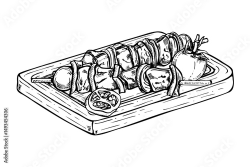 Shashlik on rectangle wooden board with tomato and pepper monochrome vector illustration painted by black inks. Kebab skewers or BBQ branding, summer menus, outdoor events, and restaurant marketing.