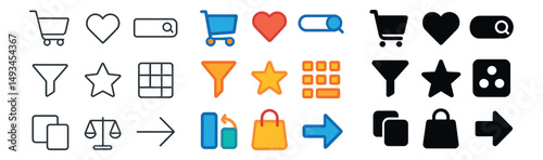 Shopping and interface icon collection: silhouette, linear, and flat. e-commerce elements set