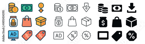 Finance and shopping icon collection: silhouette, linear, and flat styles business use