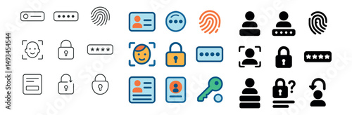 Security and privacy icon collection: silhouette, linear, flat styles for online protection