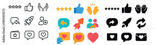Social media icon collection: silhouette, linear, flat styles for engagement and sharing