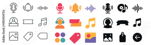 Music and podcast icon collection: silhouette, linear, flat audio and sound styles