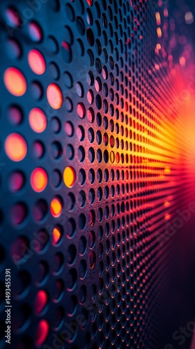 Metal sheet with circular holes, illuminated with warm and cool light, creating a dynamic perspective