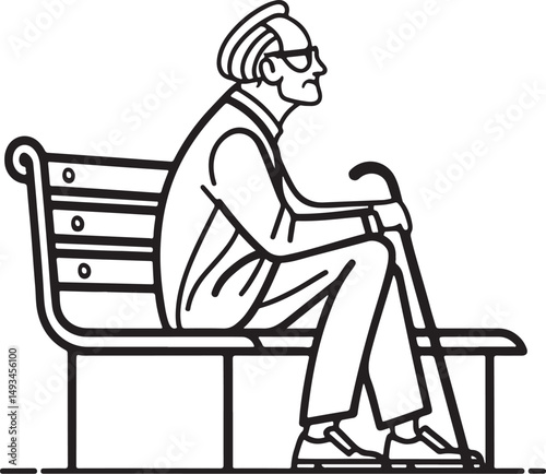 Senior Old man Elderly Sitting on Bench with Cane, Vector Illustration, Sketch Drawing Line Linear Symbol Icon Engraving Coloring Book, Hand-drawn Black and White Isolated