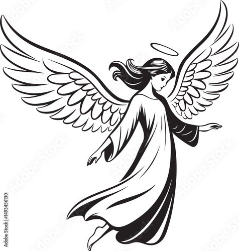 Angel Woman Vector Illustration, Sketch Drawing Line Linear Symbol Icon Engraving Coloring Book, Hand-drawn Black and White Isolated