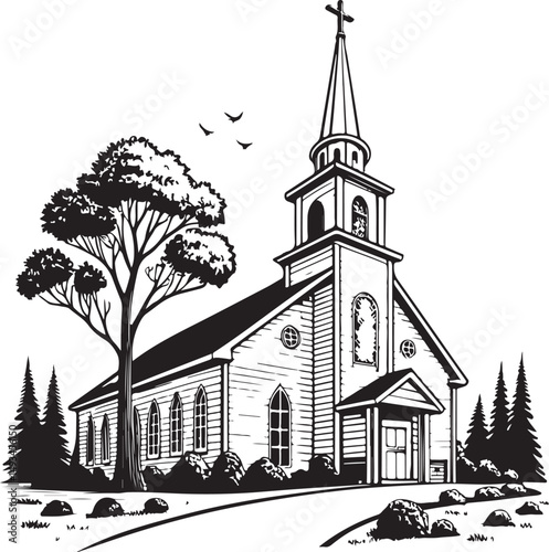 church with steeple Vector Illustration, Sketch Drawing Line Linear Symbol Icon Engraving Coloring Book, Hand-drawn Black and White Isolated