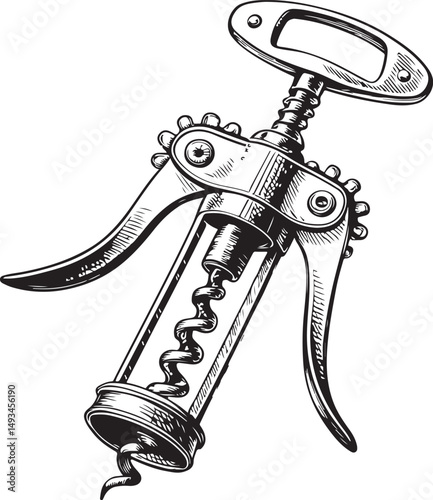Corkscrew opener Vector Illustration, Sketch Drawing Line Linear Symbol Icon Engraving Coloring Book, Hand-drawn Black and White Isolated