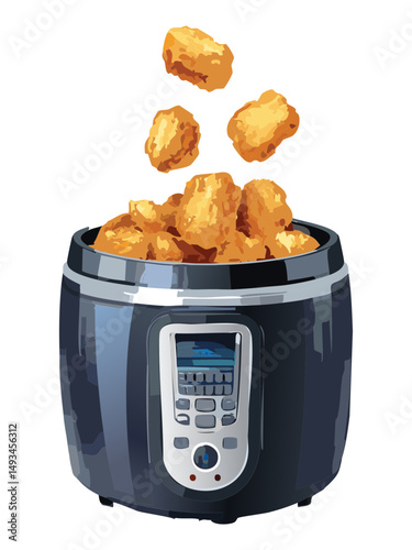 Black Air Fryer Producing Chicken Nuggets - Vector Illustration