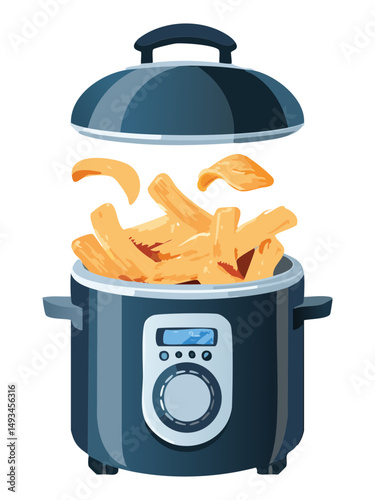 Digital Fryer Releasing Perfectly Cooked Fries - Vector Illustration