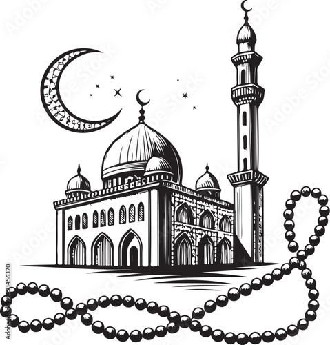 Islamic Tasbih Vector Illustration, Sketch Drawing Line Linear Symbol Icon Engraving Coloring Book, Hand-drawn Black and White Isolated