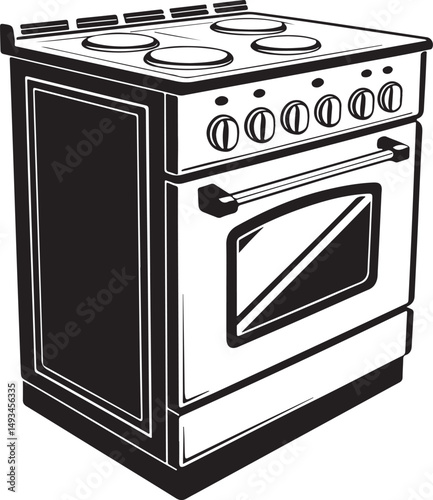 Modern kitchen stove Vector Illustration, Sketch Drawing Line Linear Symbol Icon Engraving Coloring Book, Hand-drawn Black and White Isolated