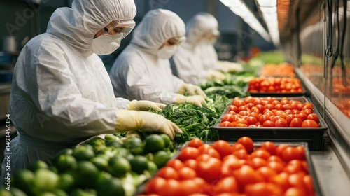 Hygienic vegetable sorting by workers in protective suits, maintaining food safety standards