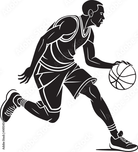 Basketball Player Vector Illustration, Sketch Drawing Line Linear Symbol Icon Engraving Coloring Book, Hand-drawn Black and White Isolated