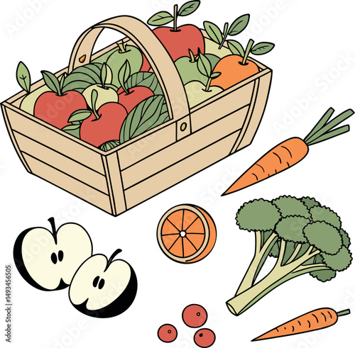 Coloring Page of Fruits and Vegetables Set