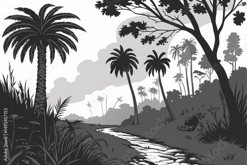  black and white, tropical rainforest, palm trees, lush vegetation, path, cloudy sky, atmospheric, monochrome, cinematic, dramatic, highly detailed, intricate, sharp focus