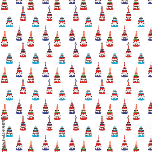 A background consisting of repeating cartoon images of three-tiered cakes topped with famous architectural structures such as the Eiffel Tower, Big Ben, the Pantheon and the Leaning Tower of Pisa, on 