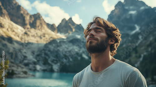 a man breathing deeply while surrounded by mountains and clean air