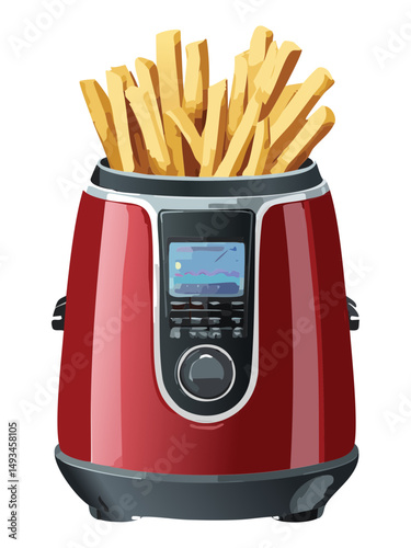 Digital Air Fryer Cooking Potato Fries - Vector Illustration