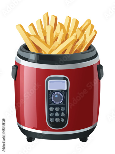 Red and Silver Kitchen Air Fryer with Fries - Vector Illustration