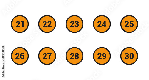 21, 22, 23, 24, 25, 26, 27, 28, 29 and 30 Number icon set vector Orange Circle with Black design photo