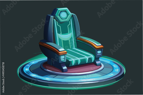 Futuristic vector illustration of a glowing chair with teal accents and a sleek design on a circular platform, showcasing an imaginative technological concept