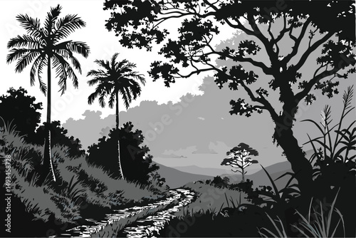  black and white, tropical rainforest, palm trees, lush vegetation, path, cloudy sky, atmospheric, monochrome, cinematic, dramatic, highly detailed, intricate, sharp focus