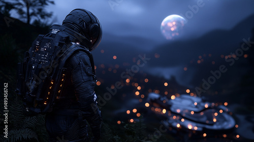 A lone astronaut observes a futuristic alien landscape at night