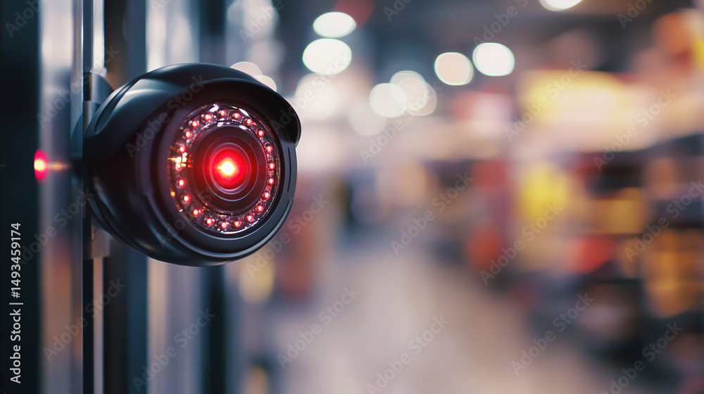 Obraz premium Close-up of surveillance camera with blinking red LED light monitoring retail store aisle, security and monitoring concept for shopping mall or supermarket. 
