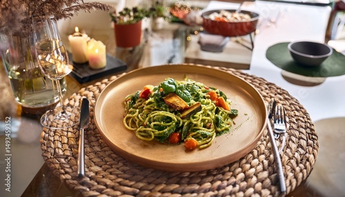 plant based dinner decor vitamin rich plant based dinner with spinach pesto pasta and roasted veggies on a stylish glass table in a warm boho kitchen