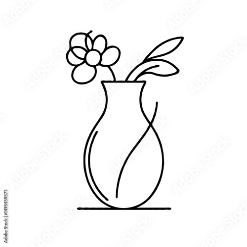 Line drawing of a vase with a flower and leaves  