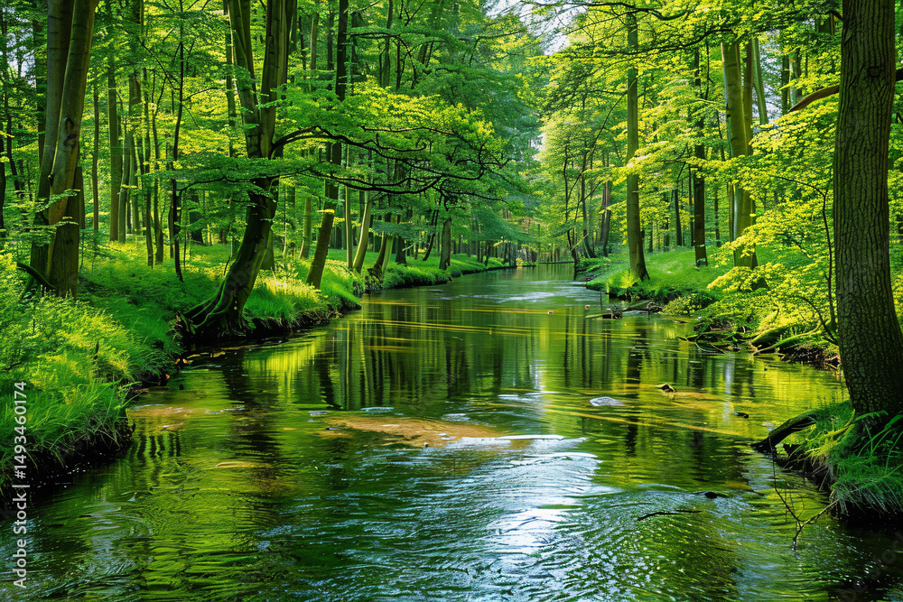 Fototapeta premium a river running through a lush green forest