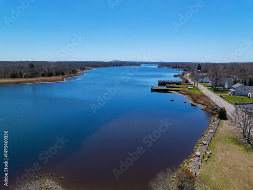Taunton River aerial view in spring near Dighton Wharves Historic District, Dighton, Massachusetts MA, USA.  photo
