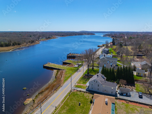 Dighton Wharves aerial view on Taunton River in spring at Dighton Wharves Historic District, Dighton, Massachusetts MA, USA.  photo