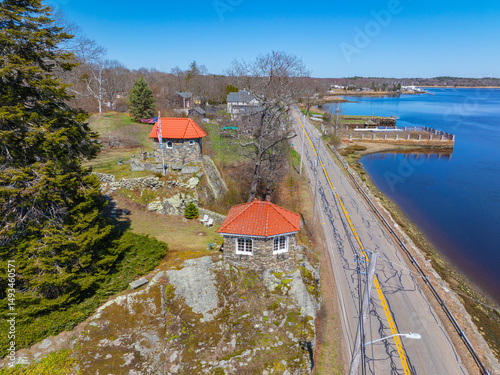 Dighton Wharves aerial view on Taunton River in spring at Dighton Wharves Historic District, Dighton, Massachusetts MA, USA.  photo