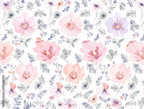 Watercolor seamless pattern featuring hand painted pink flowers including peony