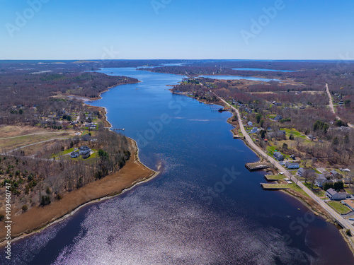 Taunton River aerial view in spring near Dighton Wharves Historic District, Dighton, Massachusetts MA, USA.  photo