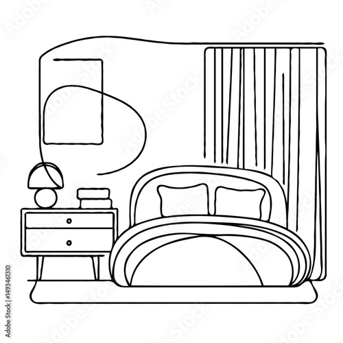 Minimalist bedroom design with bed, nightstand, and lamp outline  