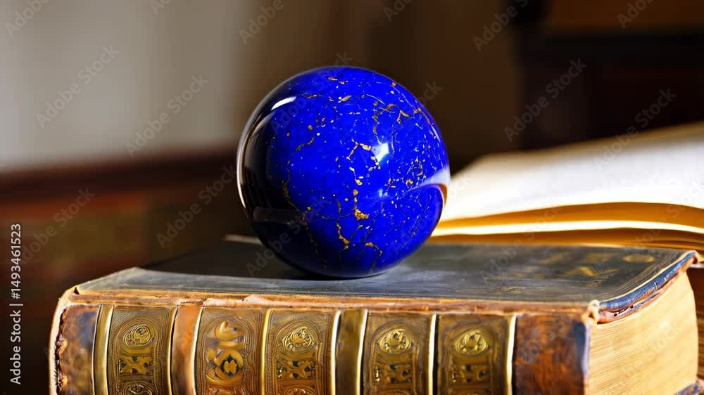 Lapis Lazuli Sphere Resting on Ornate, Aged Leather Bound Book with Golden Detailing, Literature