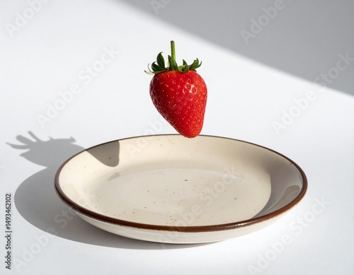 Strawberry Levitation: A single, ripe strawberry hovers magically above a simple, off-white plate, cast in dramatic sunlight.  The scene is minimalist and evokes a sense of freshness and lightness.