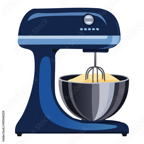 Blue Stand Mixer with Stainless Steel Bowl - Vector Illustration