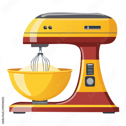 Yellow Mixer with Whisk and Bowl - Vector Illustration