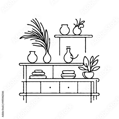 Simple shelf decor with plants and vases in minimal design  