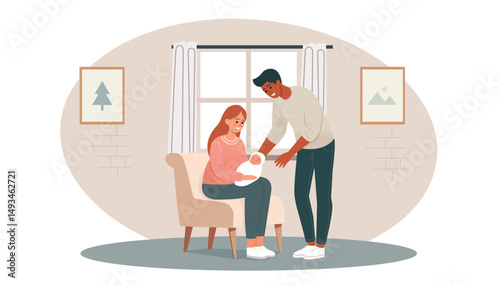 Loving Parents with a Newborn Baby at Home