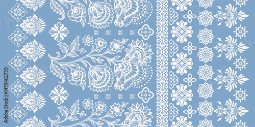 floral pattern vintage ethnic modern embroidery texture boho design vector illustration hand drawn pink flower motif branches leaves wallpaper seamless background border.


